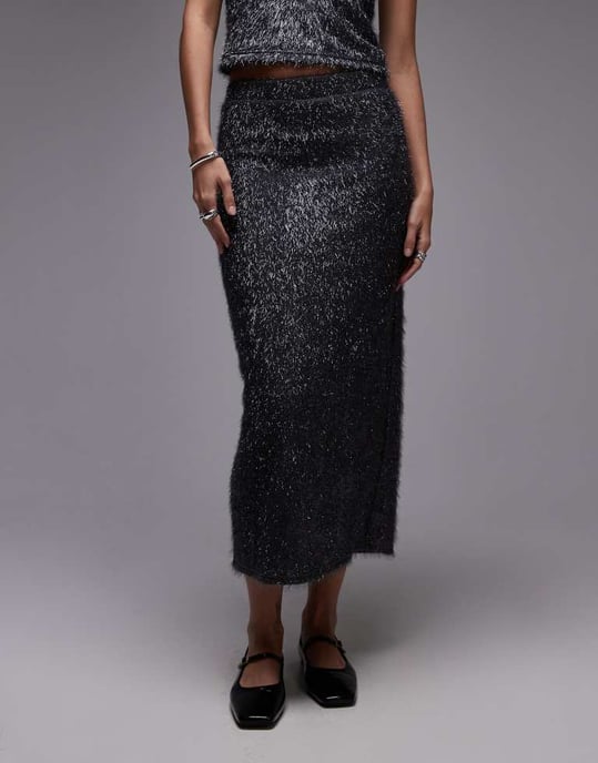 Topshop paljett midi kjol i gråmetall - Image 4
