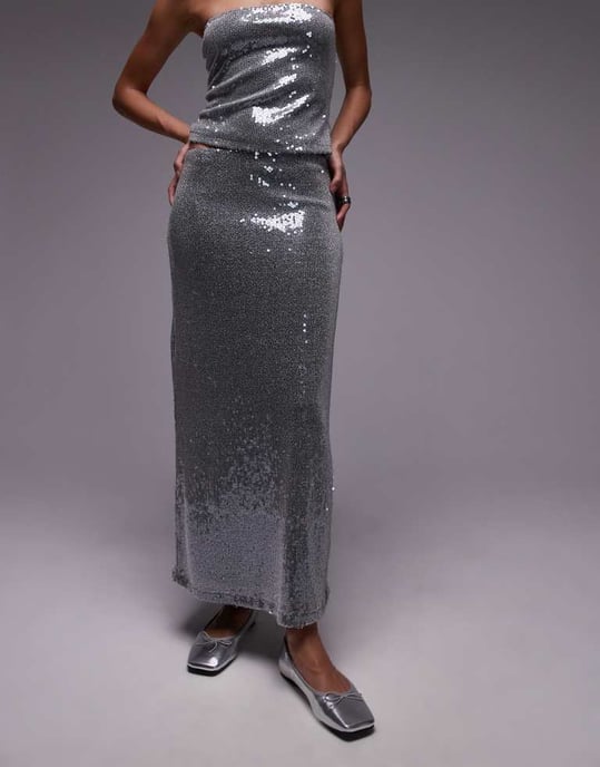 Topshop paljettmidaxi kjol i gunmetal - Image 2