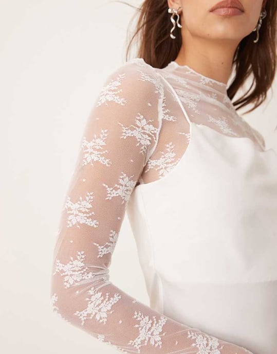 YAS long sleeve lace underlay cami satin dress in gardenia white - Image 3