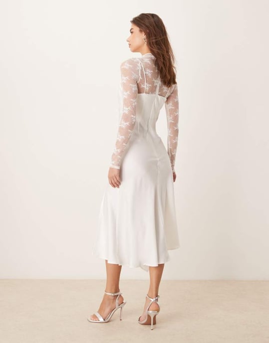 YAS long sleeve lace underlay cami satin dress in gardenia white - Image 4