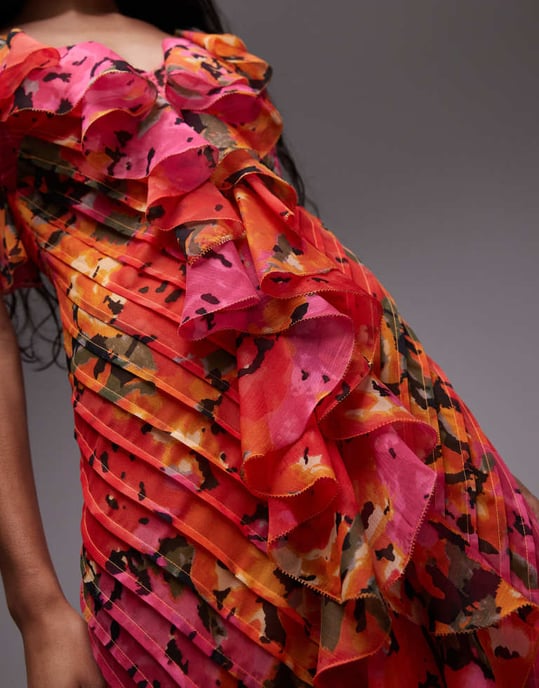 Topshop premiummodell med ryscher och fint mönster i röd och orange blommig - Image 2