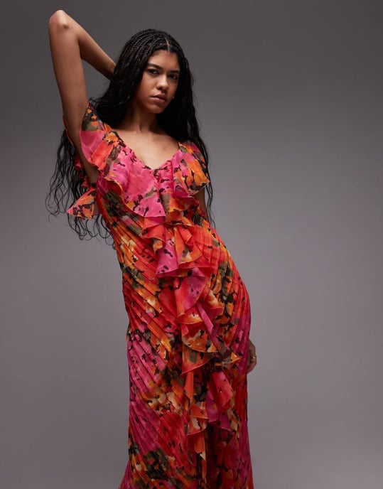 Topshop premiummodell med ryscher och fint mönster i röd och orange blommig - Image 3