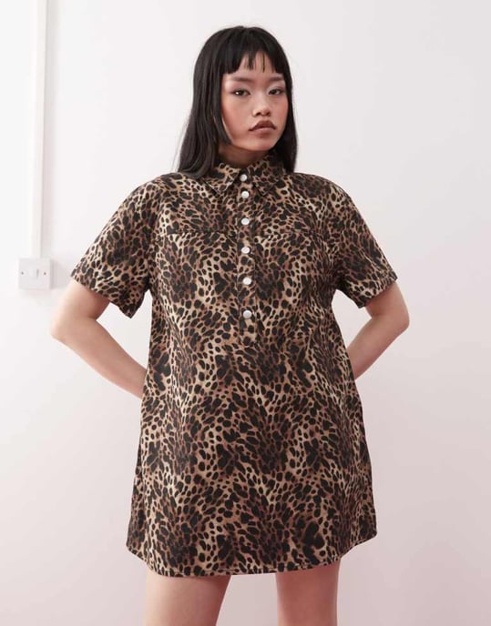 Monki oversized twill skjortklänning i leopardmönster - Image 4