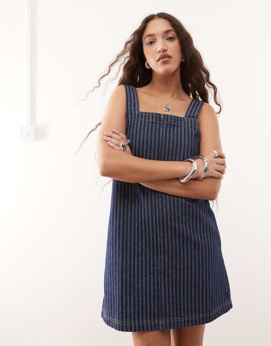 COLLUSION denim pinny dress in blue stripe - Image 2