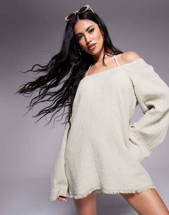 ASOS DESIGN Callie osttyg fransad långärmad strandklänning i tvättad salviagrön - Image 1
