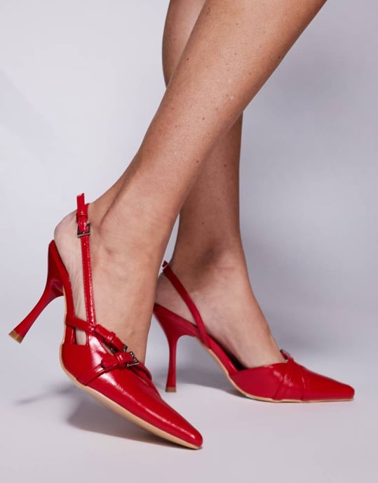 Public Desire Smooch Wide Fit strappy sling back kitten heeled shoes in cherry red - Image 3