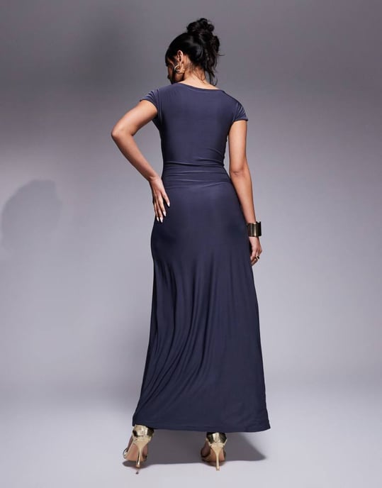 Kaiia exclusive double layered slinky cap sleeve side split drape detail maxi dress in charcoal - Image 3