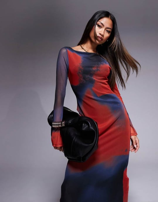 ASOS DESIGN mesh långärmad maxiklänning med hög slitsad hals i suddig tryck - MULTI - Image 1