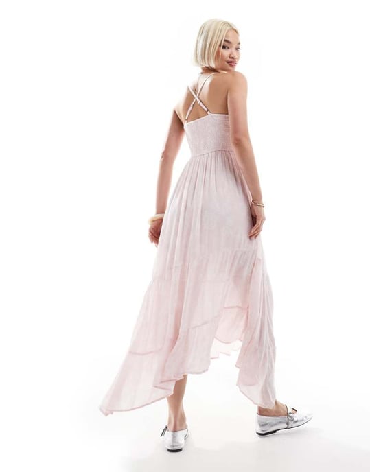 Hollister virkat och vävt mix maxi klänning med snedslå i rosa swirl mönster - Image 4