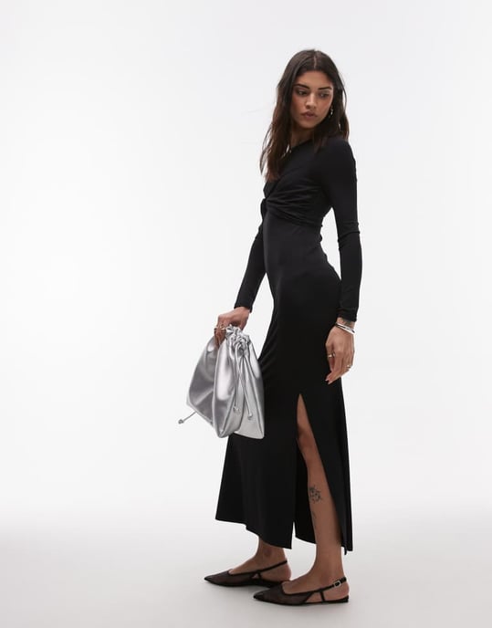 Topshop sned framtill långärmad klänning i svart - Image 3