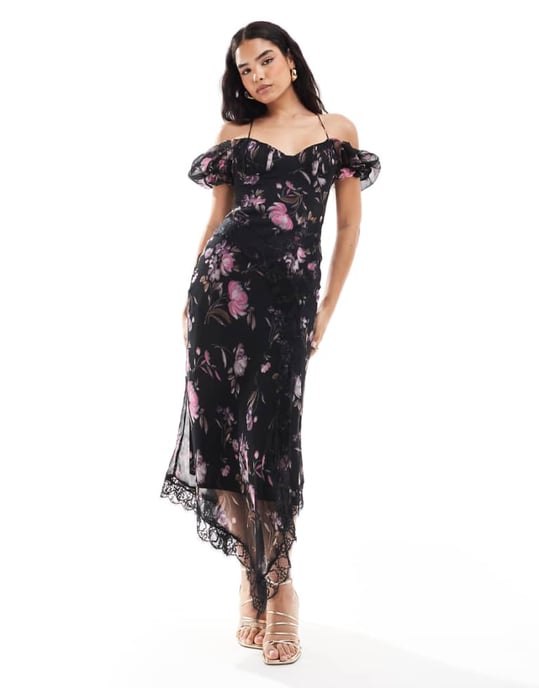ASOS DESIGN mjölkpiga midi-klänning med spetsdetaljer i mörk blommig mönster - Image 1