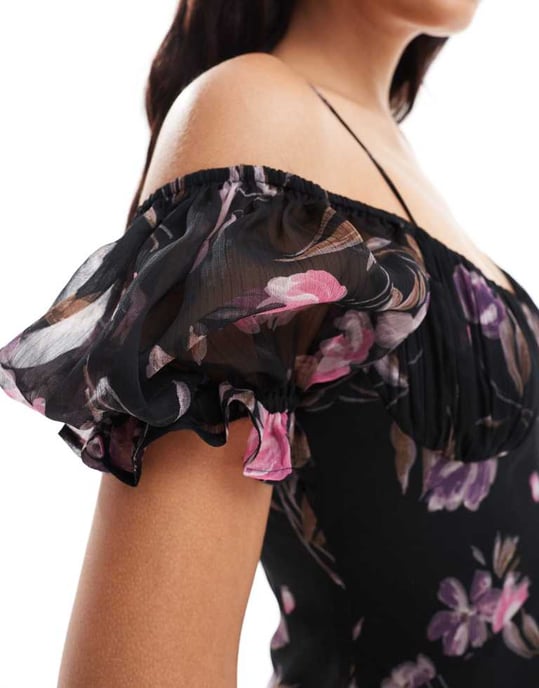 ASOS DESIGN mjölkpiga midi-klänning med spetsdetaljer i mörk blommig mönster - Image 3