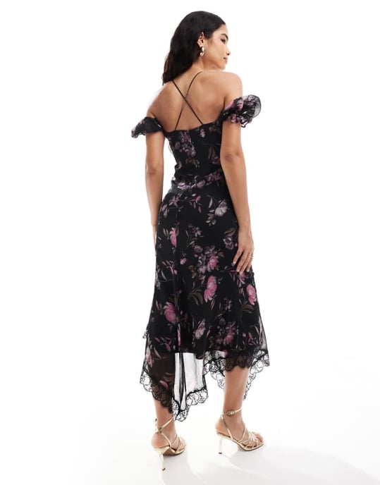ASOS DESIGN mjölkpiga midi-klänning med spetsdetaljer i mörk blommig mönster - Image 4