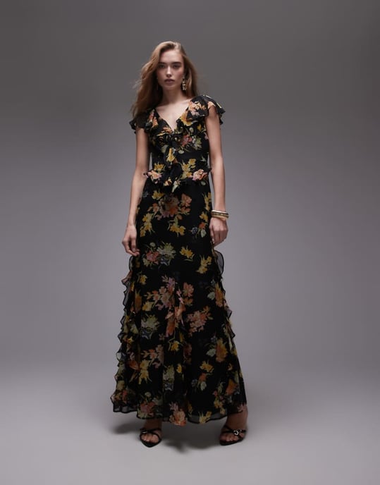 Topshop fladdrande ärm rynkad fest midi klänning i svart bas med blommor - Image 1