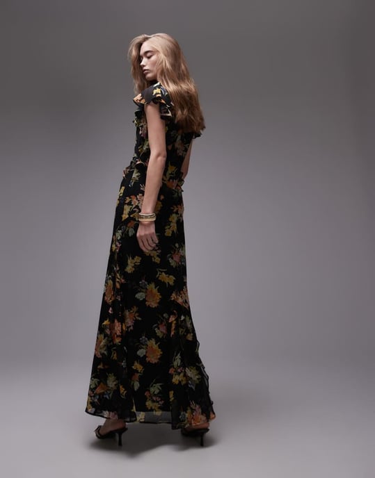 Topshop fladdrande ärm rynkad fest midi klänning i svart bas med blommor - Image 3