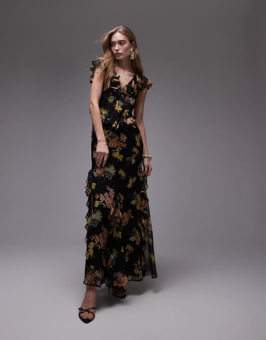 Topshop fladdrande ärm rynkad fest midi klänning i svart bas med blommor - Image 4