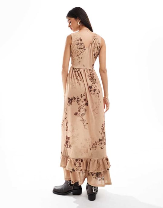 ASOS DESIGN plunge lager midi klänning med samlad midja i boho mönster - Image 2
