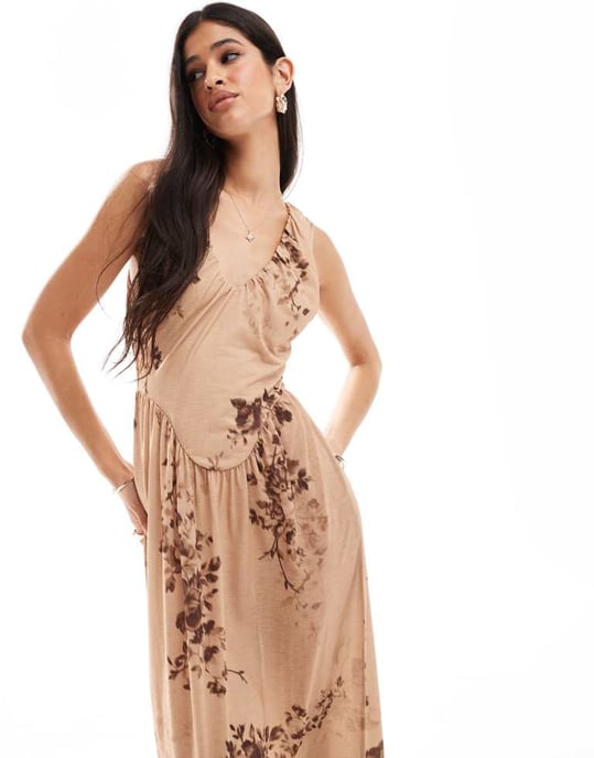ASOS DESIGN plunge lager midi klänning med samlad midja i boho mönster - Image 3