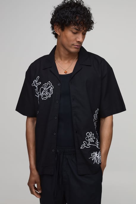 Oversized Floral Sketch Linen Blend Shirt - Image 1