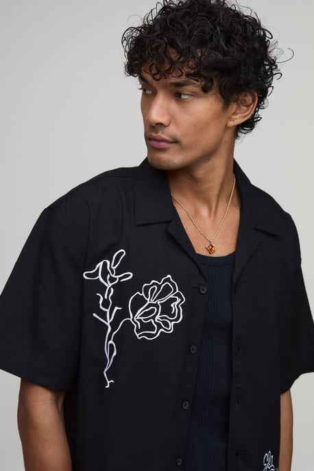 Oversized Floral Sketch Linen Blend Shirt - Image 3