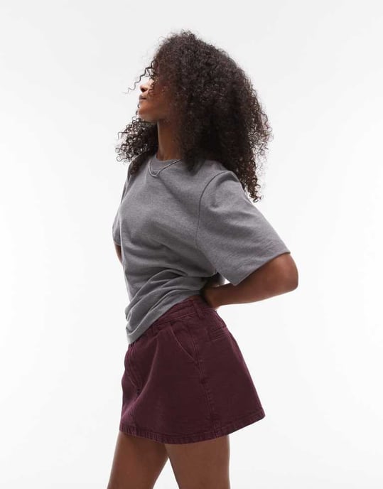 Topshop denim mikropelmetkjol i burgundy - Image 2