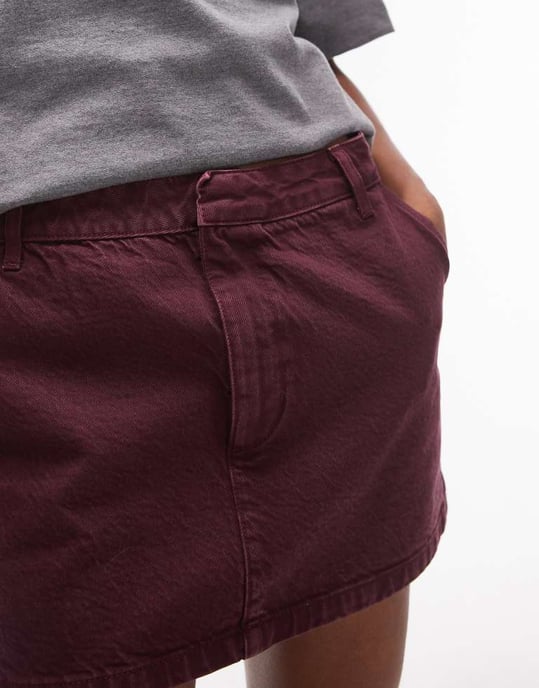 Topshop denim mikropelmetkjol i burgundy - Image 3
