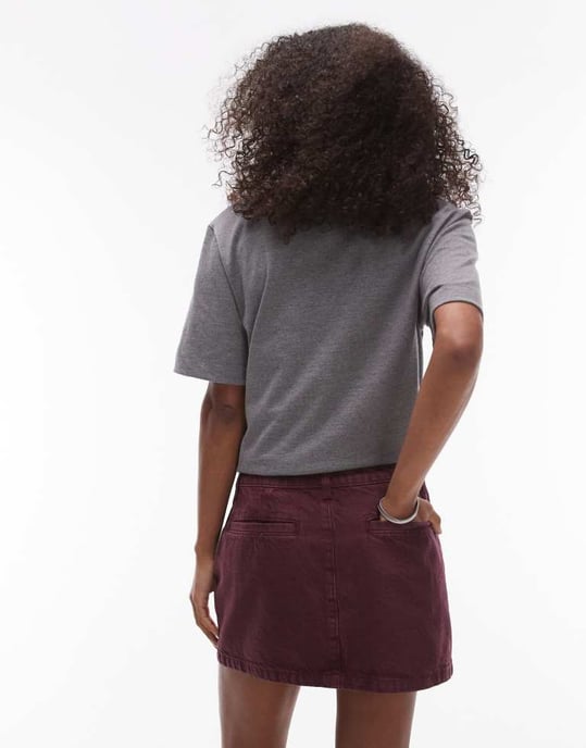 Topshop denim mikropelmetkjol i burgundy - Image 4