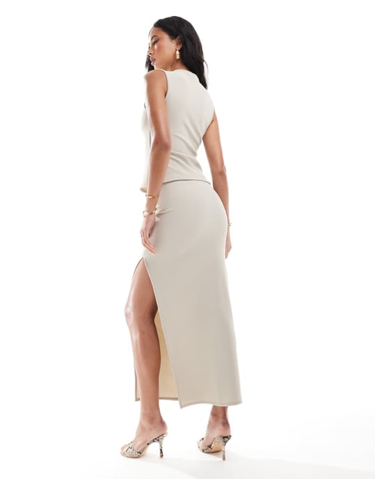 ASOS DESIGN koord ribbad maxikjol med slit i sidan i stenfärg - Image 4