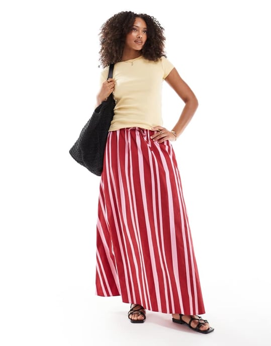 ASOS DESIGN bomullshängselskärp A-linje maxi kjol i rosa rand - Image 1