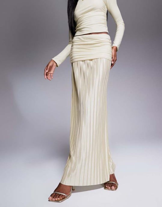 ASOS DESIGN koord slinky drop waist plissé maxikjol i elfenben - Image 2