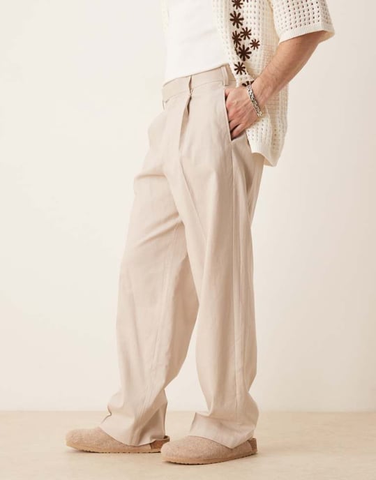 ASOS DESIGN smart wide leg linen blend trousers with front pleat in stone - Image 3