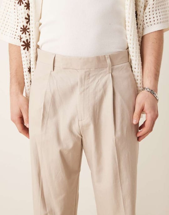 ASOS DESIGN smart wide leg linen blend trousers with front pleat in stone - Image 4