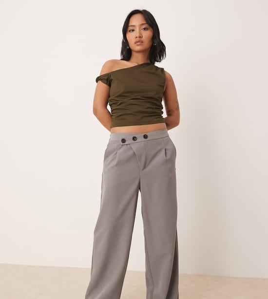 JDY Petite asymmetric button wide leg trousers in grey - Image 1