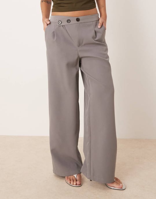 JDY Petite asymmetric button wide leg trousers in grey - Image 3