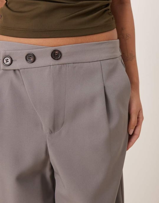 JDY Petite asymmetric button wide leg trousers in grey - Image 4