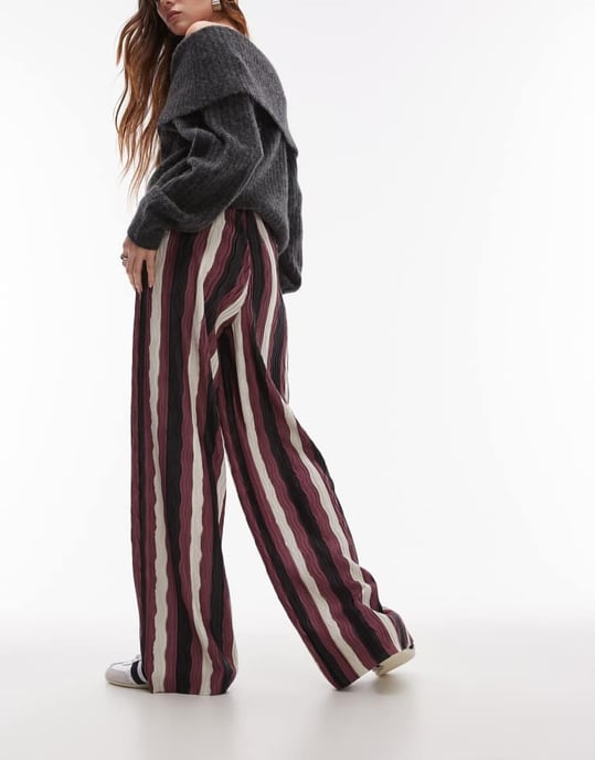 Topshop randig plisserad vida byxor i vinröd - Image 4
