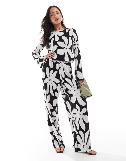 Vero Moda high waist wide leg plisse trouser co-ord in monochrome floral print - Image 1