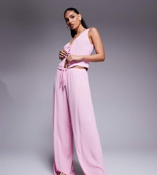 Kaiia exclusive textured beach wide leg trousers co-ord in pink - Image 1