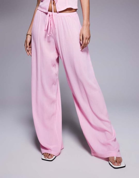 Kaiia exclusive textured beach wide leg trousers co-ord in pink - Image 2
