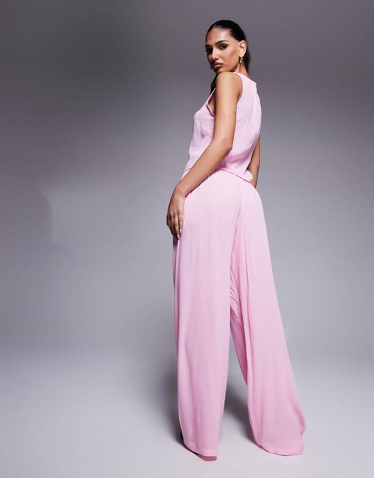 Kaiia exclusive textured beach wide leg trousers co-ord in pink - Image 4