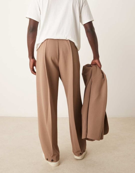 ASOS DESIGN soft tailored wide suit trousers in brown seersucker - Image 3