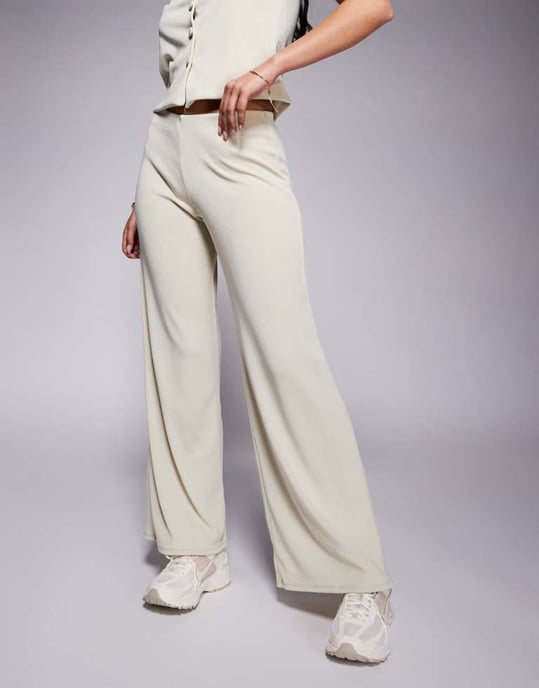 ASOS DESIGN co-ord rib wide leg trouser in stone - Image 2