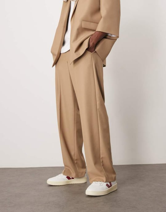 ASOS DESIGN linen blend wide suit trousers in stone slub - Image 2