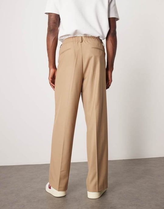 ASOS DESIGN linen blend wide suit trousers in stone slub - Image 3