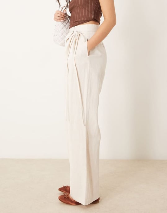 ASOS DESIGN linen tie front wide leg trousers in stone - Image 3