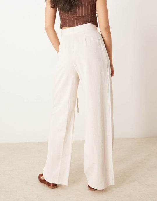 ASOS DESIGN linen tie front wide leg trousers in stone - Image 4