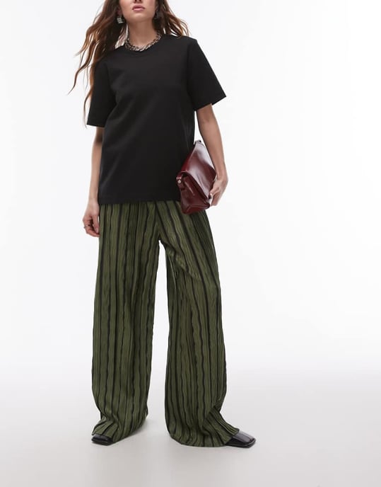 Topshop stripe plisse wide leg trousers in green - Image 1
