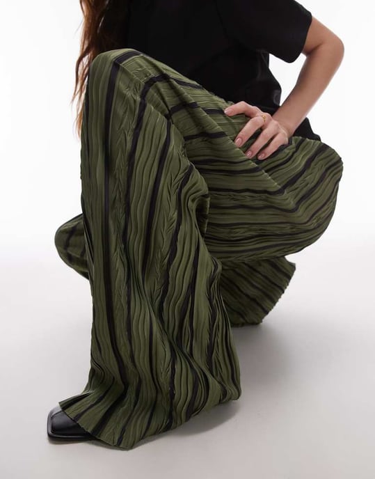 Topshop stripe plisse wide leg trousers in green - Image 2