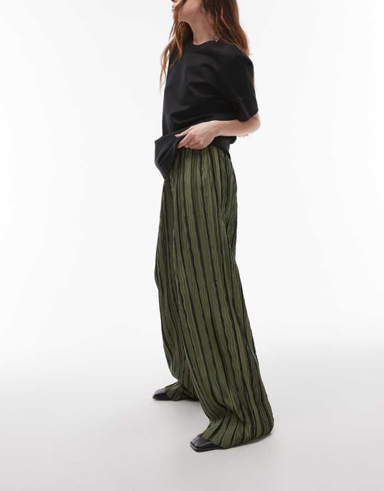 Topshop stripe plisse wide leg trousers in green - Image 3