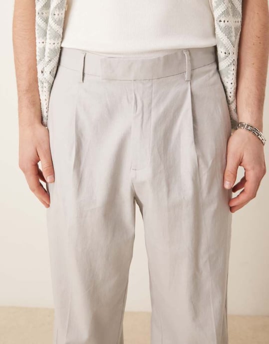 ASOS DESIGN smart wide leg linen blend trousers with front pleat in light grey - Image 2